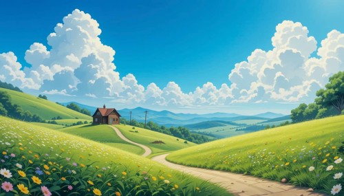 Scenic illustration of a dreamy landscape with a house, winding path, green fields, and fluffy