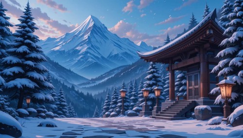 A serene winter landscape features a snow-covered pagoda nestled amidst snow-laden fir trees, with