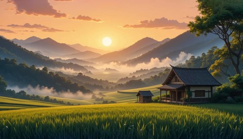 A serene landscape featuring a traditional Japanese house nestled amidst rolling hills, bathed in