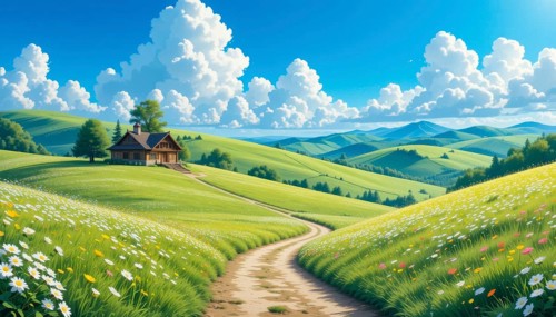 A charming countryside scene with a quaint house nestled on a vibrant green hillside under a bright