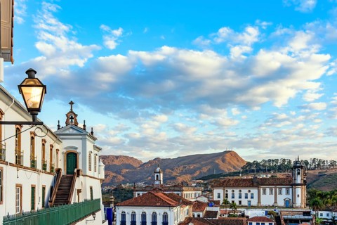 Central area of the historic city of Ouro Preto with church and mansions in baroque and colonial