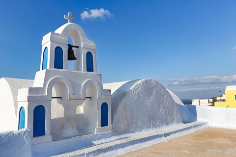 Bell tower, orthodox church, white and blue, Oia, Thira, Santorini, Cyclades, Greece