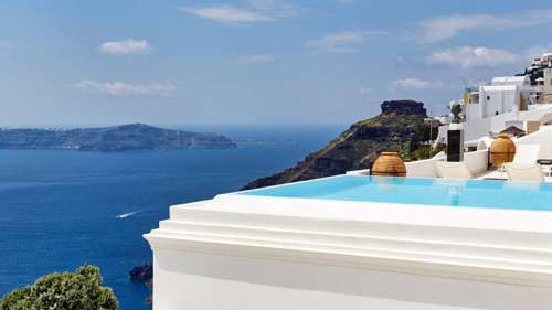 Infinity pool with views of the caldera and the sea, Skaros rock formation, Firostefani, Thira,