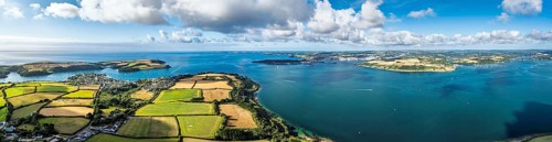 Panorama of Farms and Fields over St Mawes from drone, Carrick Roads, River Fal, Falmouth,