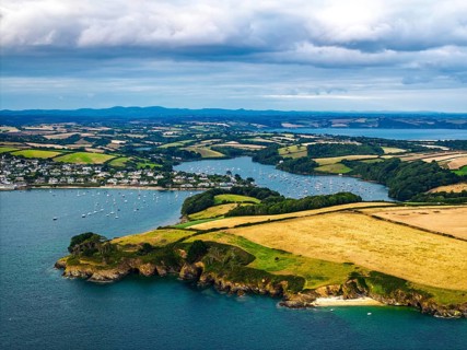 St Anthony Lighthouse from drone, Roseland peninsula, Head circular walk, Cornwall, UK