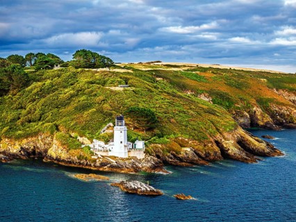 St Anthony Lighthouse from drone, Roseland peninsula, Head circular walk, Cornwall, UK