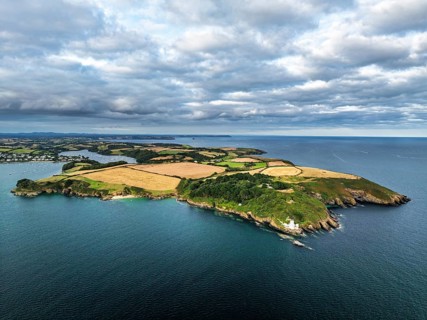 St Anthony Lighthouse from drone, Roseland peninsula, Head circular walk, Cornwall, UK