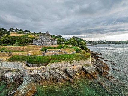 St Mawes Castle from a drone, Carrick Roads, River Fal, Falmouth, Cornwall, UK