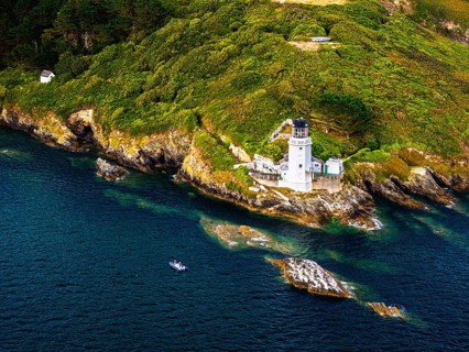 St Anthony Lighthouse from drone, Roseland peninsula, Head circular walk, Cornwall, UK