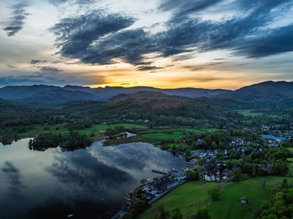 Sunset over Windermere Lake from a drone, Ambleside, Lake District, Cumbria, England, United