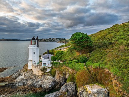 St Anthony Lighthouse from drone, Roseland peninsula, Head circular walk, Cornwall, UK