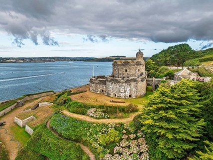St Mawes Castle from a drone, Carrick Roads, River Fal, Falmouth, Cornwall, UK