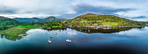 Panorama of Sunset over Windermere Lake from a drone, Ambleside, Lake District, Cumbria, England,