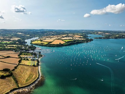 Mylor Churchtown Village from a drone, Carrick Roads, River Fal, Falmouth, Cornwall, UK