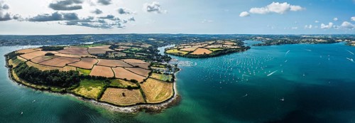 Panorama of Mylor Churchtown Village from a drone, Carrick Roads, River Fal, Falmouth, Cornwall, UK