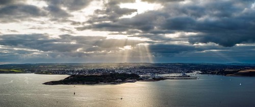 Panorama of Sunset over Pendennis Castle and Pendennis Point from a drone, Falmouth, Cornwall, UK