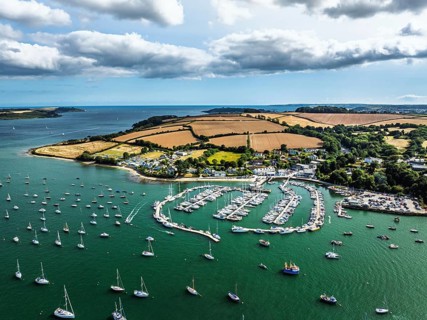 Mylor Churchtown Village from a drone, Carrick Roads, River Fal, Falmouth, Cornwall, UK