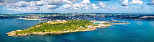 Panorama of Pendennis Castle and Pendennis Point from a drone, Falmouth, Cornwall, UK