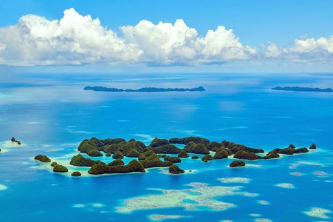 Aerial view bird's eye view of part of 70 islands in lagoon of island paradise island state Palau