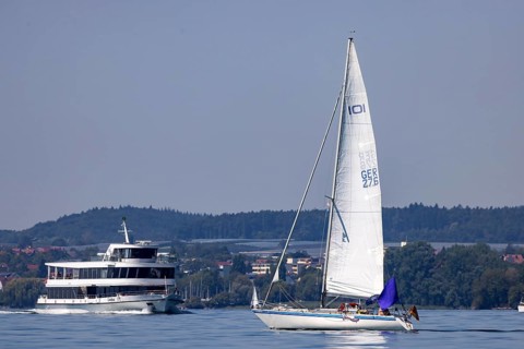 Sailing yacht on Lake Constance, passenger ship LINDAU. Immenstaad, Baden-Württemberg, Germany