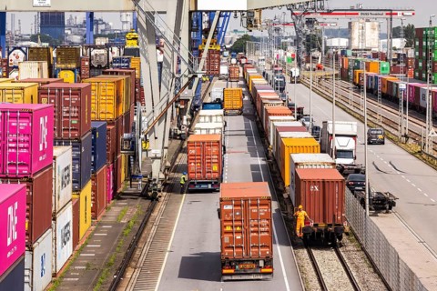 Containers pile up in the harbour. The first container terminal in an inland port opened in