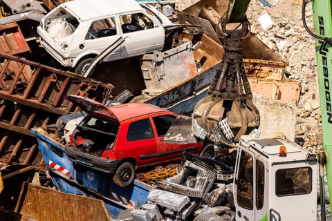 Scrap metal trade in the commercial harbour of Mannheim. Scrap vehicles and scrap metal. Mannheim,