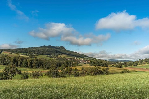 View of the village of Weiterdingen at the foot of the Hegau volcano Hohenstoffeln, Hegau,