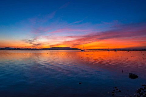 An atmospheric sunset over Lake Constance, Allensbach, Baden-Württemberg, Germany