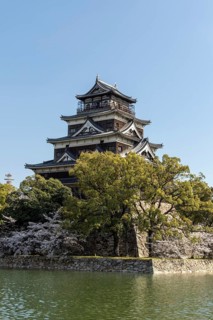 Hiroshima Castle, also known as Carp Castle, against a blue sky with cherry blossoms, sakura, and