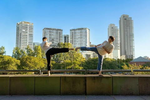 Two young men performing a Taekwondo high kick against a city skyline