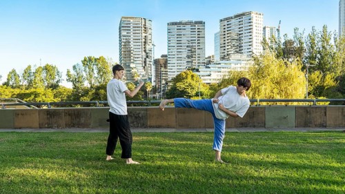 Focused Taekwondo kick in a natural setting