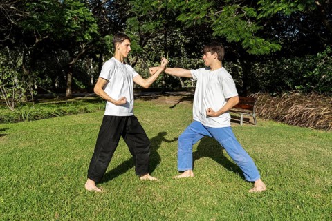 A dynamic Taekwondo session with an urban backdrop