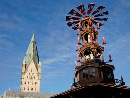 Paderborn Cathedral with Christmas pyramid during the Advent season