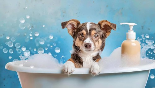A dog is in a bathtub with bubbles and a bottle of shampoo. The dog appears to be enjoying the