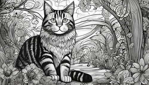A black and white drawing of a cat sitting in a forest. The cat is looking at the camera with a