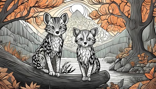 Two cats are sitting on a log in a forest. The cats are looking at the camera. The background