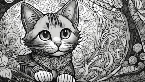 A cat is sitting on a bed with a flowery pattern. The cat is wearing a bandana and has a curious
