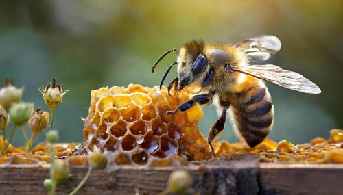 A bee is eating honey from a honeycomb. Concept of natural beauty and harmony, as the bee is