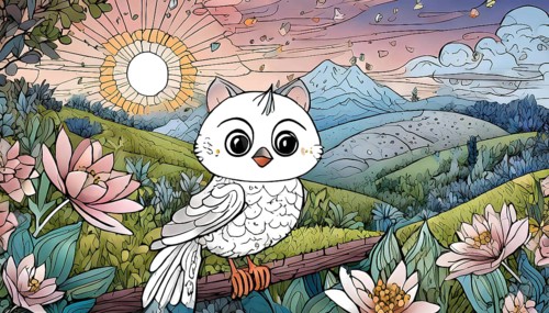 A cartoon owl is perched on a branch in a lush green field. The sky is filled with clouds and the