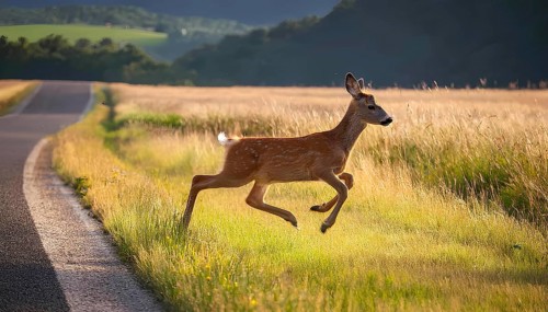 A young deer runs across a field near a road, representing the risk of wildlife-related accidents
