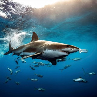 A great white shark swims among a school of fish in the deep blue ocean, showcasing its powerful