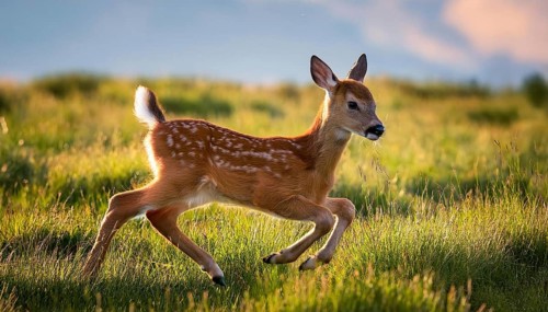 A young fawn runs playfully through a sunlit grassy meadow, showcasing its delicate features and