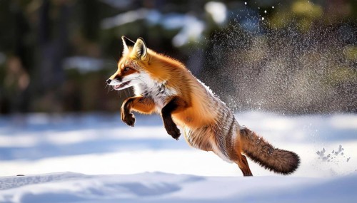A red fox is captured mid-leap in a snowy forest, its fur glowing in the sunlight while snowflakes