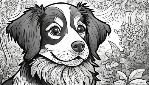 A black and white drawing of a dog with a flowery background. The dog has a happy expression and is
