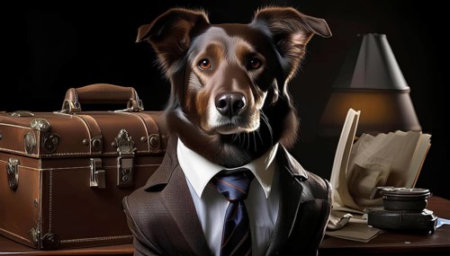 A dog is wearing a suit and tie and sitting in front of a desk with a briefcase and a book, AI