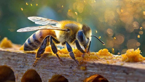 A bee is eating honey from a wooden board. The bee is surrounded by a lot of dust, which is falling