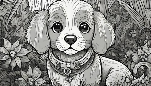 A black and white drawing of a dog wearing a collar. The dog is looking at the camera with a sad