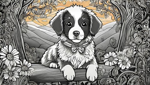 A black and white drawing of a dog sitting on a log. The dog is wearing a bow tie and has a collar.
