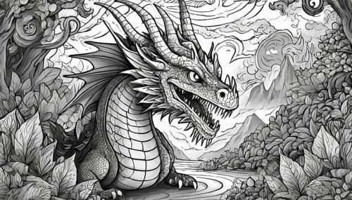 A black and white drawing of a dragon with its mouth open. The dragon is surrounded by trees and