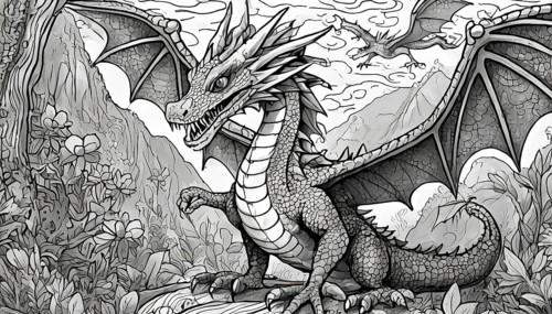 A black and white drawing of a dragon with its mouth open. The dragon is standing on a rock in a